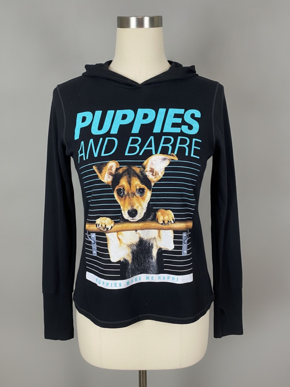 Puppies and Barre Black Hoodie with Teal Print, Size Small